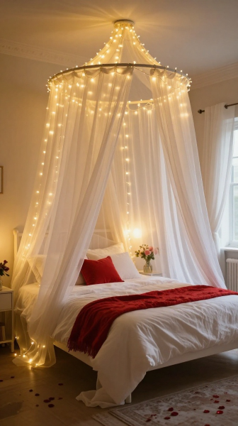 A canopy bed decorated with soft fabrics and fairy lights creates a dreamy romantic atmosphere. Draping sheer curtains around the bed instantly makes the room feel softer and more elegant while adding visual height to the space.
Warm fairy lights intertwined with the canopy fabric create gentle lighting that feels magical during the evening. Pairing the canopy with plush bedding and floral accents completes the luxurious romantic aesthetic.
This setup works beautifully for both large master bedrooms and smaller cozy spaces. Even a simple canop