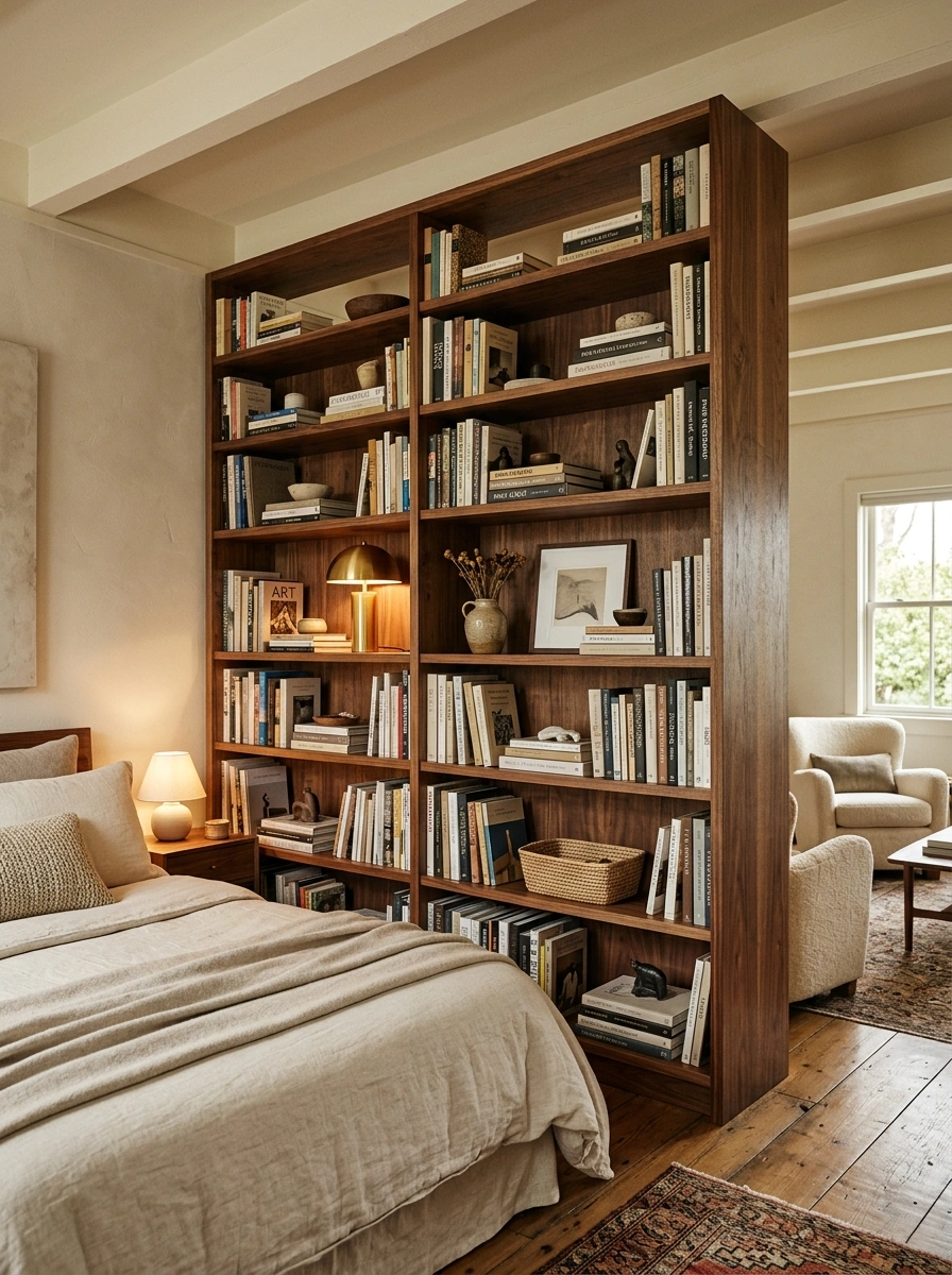 Bookshelves That Divide a Room While Doing Double Duty as Storage