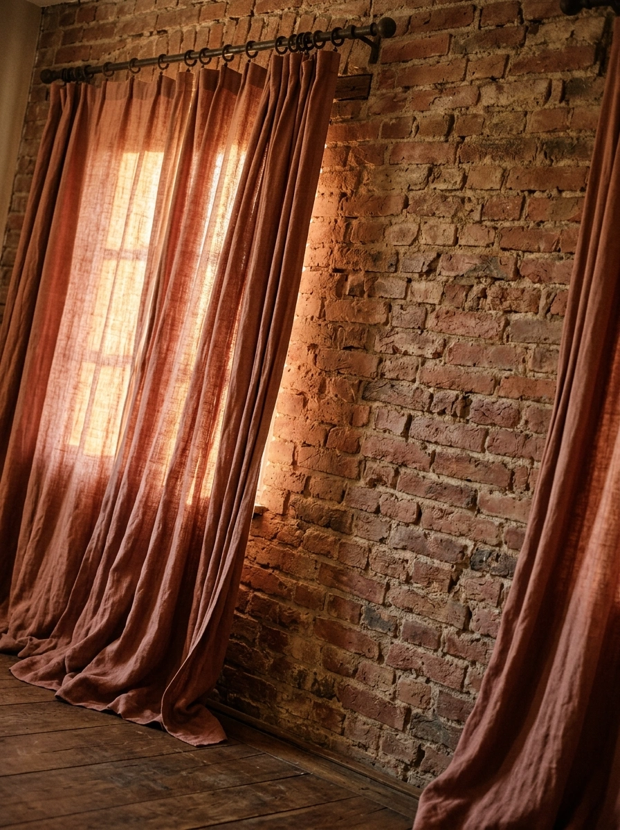 Curtains and Textiles That Balance a Wall's Raw Industrial Edge