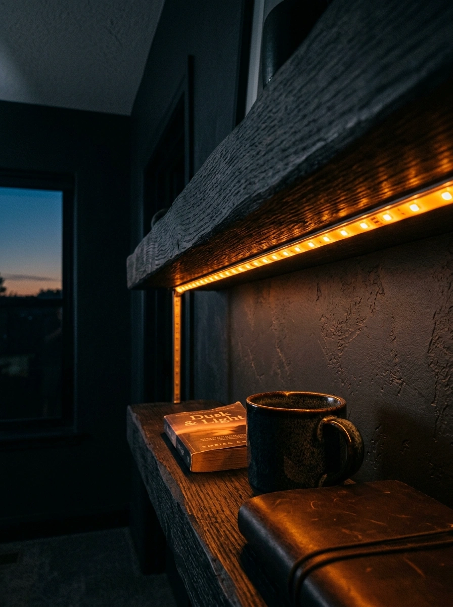 Lighting Placed to Make a Shelf Glow After the Sun Sets