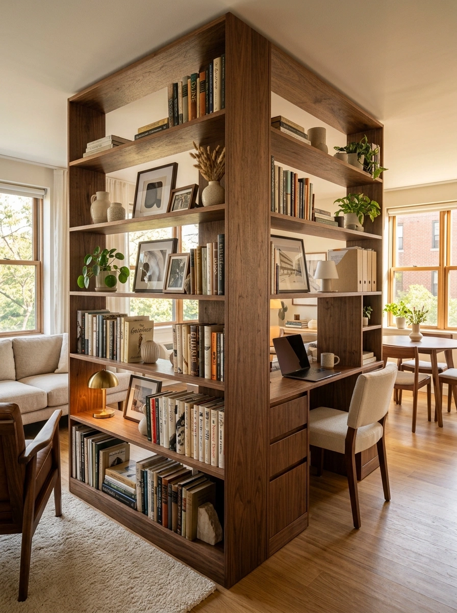 Shelving Units Open on Both Sides That Serve Two Rooms at Once