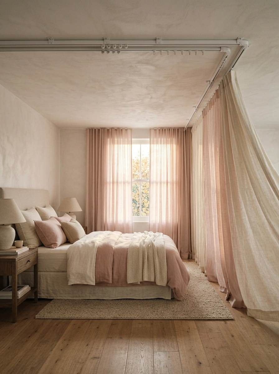 The Ceiling Track Curtain That Splits a Studio Without a Single Nail