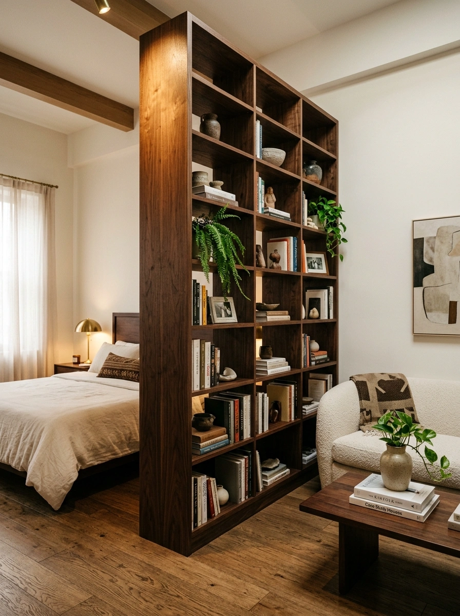 Bookshelves That Divide a Sleeping Zone While Still Working as Storage